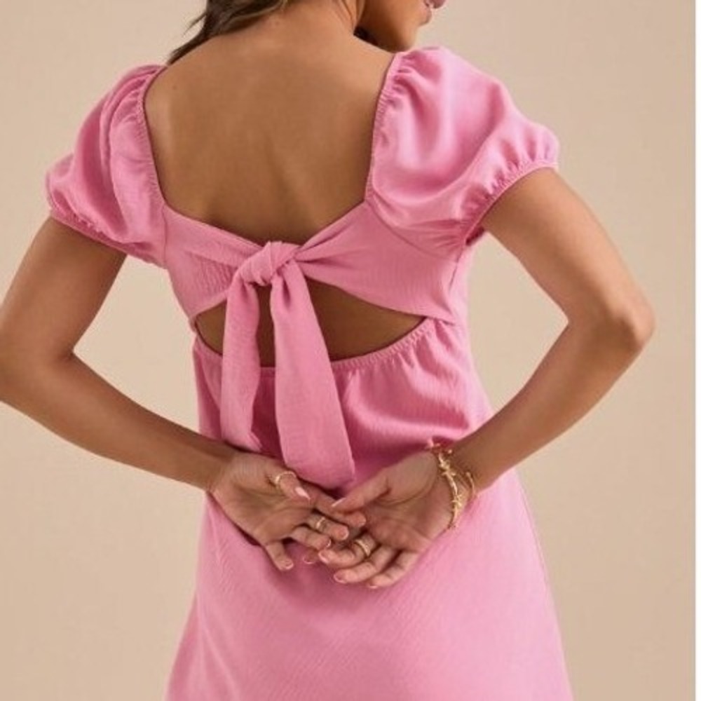 Altard‎ State L Coquette Babydoll Pink Puff Sleeve Mini Milkmaid Dress Back Tie